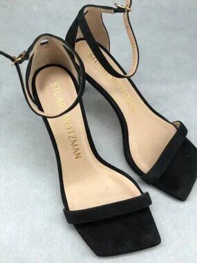 Stuart Weitzman Black Suede Ankle Strap Nudistsong Evening Sandals 38 EU
